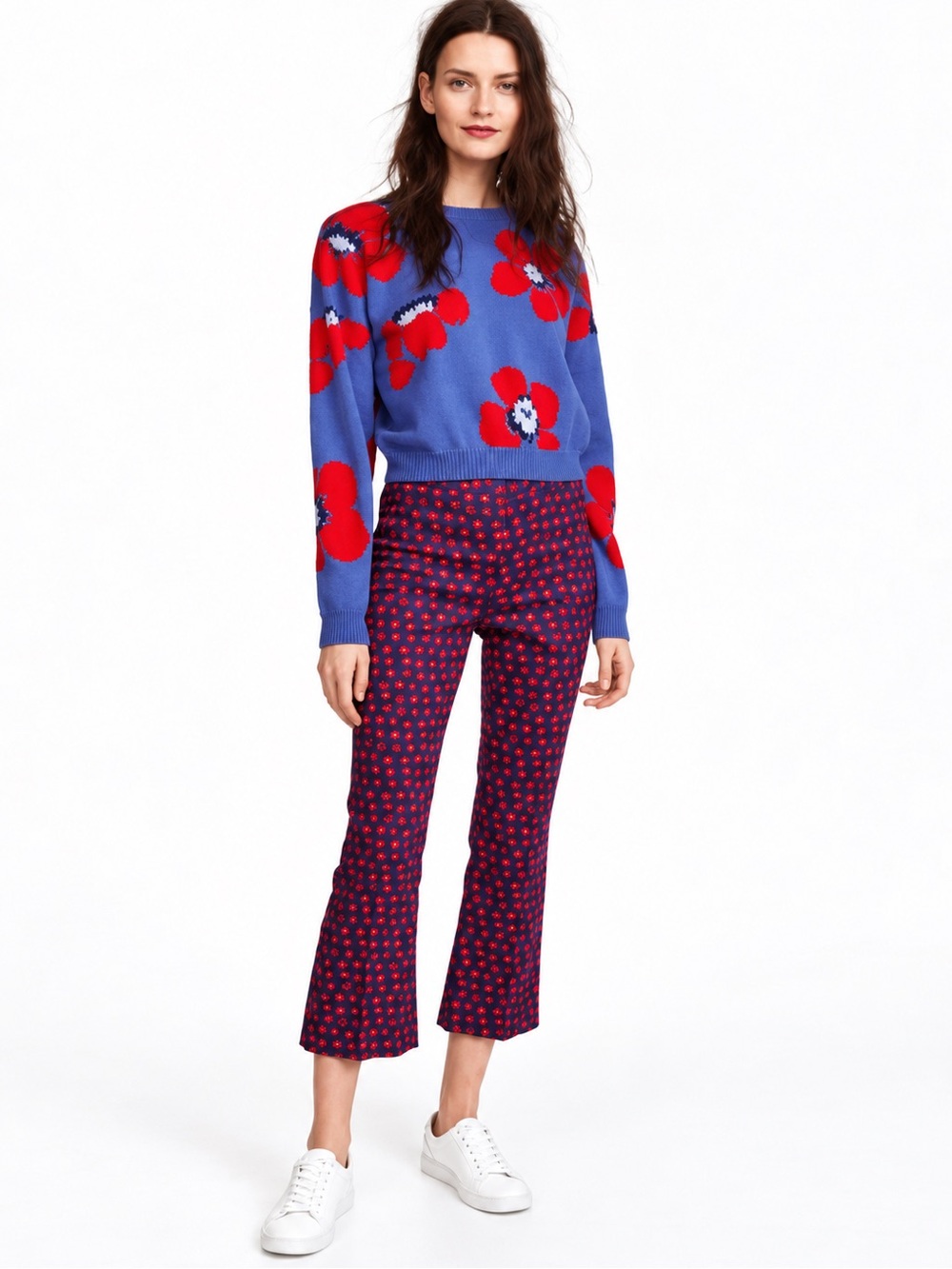 Alice + Olivia Michiko Daisy Cropped Flare Pants Navy Red 8 $295